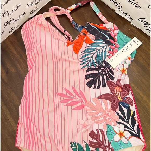 Nicole Miller Blush Floral One Piece Swimsuit Pink Size 10 NWT - Picture 2 of 10